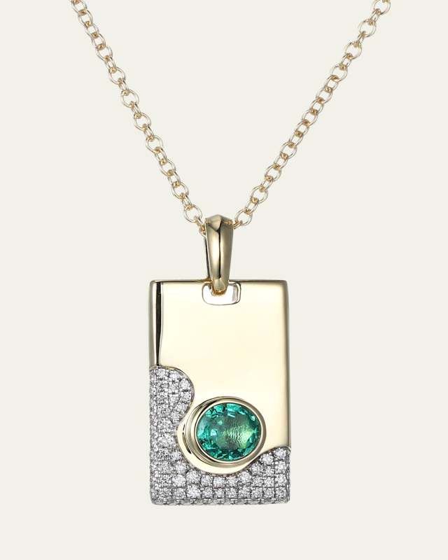 14K Yellow Gold Lava Tag Emerald and Diamonds Pendant Necklace